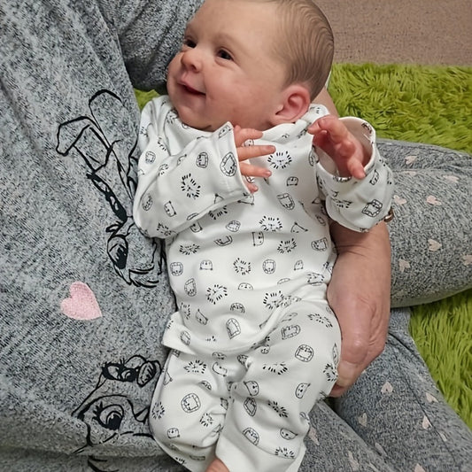 Reborn Doll, 19-Inch Cloth-Body Smiling Figure with Vinyl Head and Limbs, Printed Outfit and Bottle
