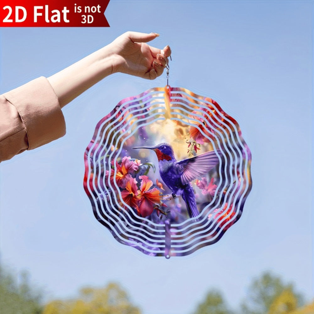 Ten-Inch Hummingbird Garden Wind Spinner with Flat Kinetic Metal Design and Multicolor Floral Artwork
