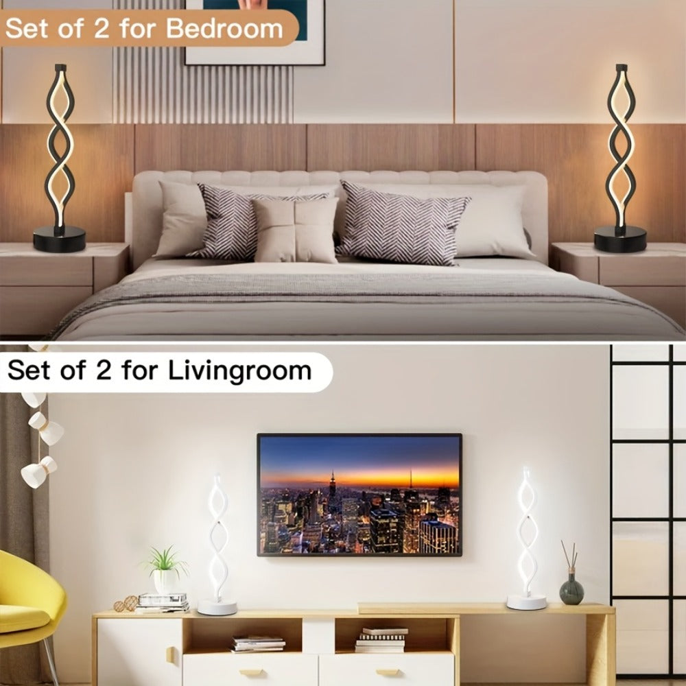 Table Lamp with Spiral LED Wave, Three Color Temperatures, USB Power and One, Two or Wood-Base Options
