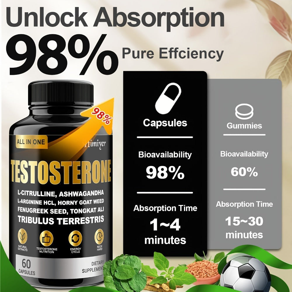 Male Testosterone Support Capsules with Maca Root, Epimedium, L-Citrulline & Ashwagandha — Men's Vitality, Strength, Stamina & Energy Supplement | Natural Performance Formula for Men Over 40 | 1 or 3 Pack