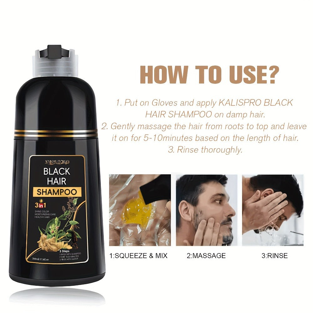 Black Hair Dye Shampoo 3-in-1 with Beard Dye & Cleanser - Natural Herbal Formula, Gentle Moisturizing Long-Lasting Gray Coverage for All Hair Types, Women & Men, 16.91oz x2 / 500ml x2