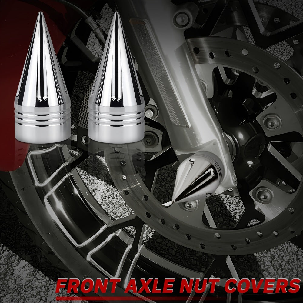 CNC Spike Motorcycle Front Axle Nut Covers Caps 3.6" – Fits Harley Touring Street Glide Road King Electra Glide Tri Glide 2008-Later, Black & Silvery