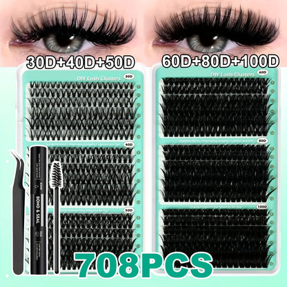 Lash Clusters Kit 708Pcs with Tweezers, Glue & Brush – Soft Silky Fiber False Eyelashes Full Voluminous DIY Lash Extension Set for Party, Wedding, Bridal & Daily Makeup, Beginner to Pro