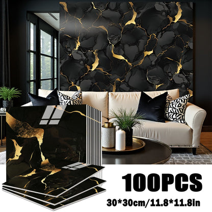 Marble Gold-Vein Wall Tile Sticker Set with 30 cm Panels, Four Colors and 50- or 100-Piece Packs
