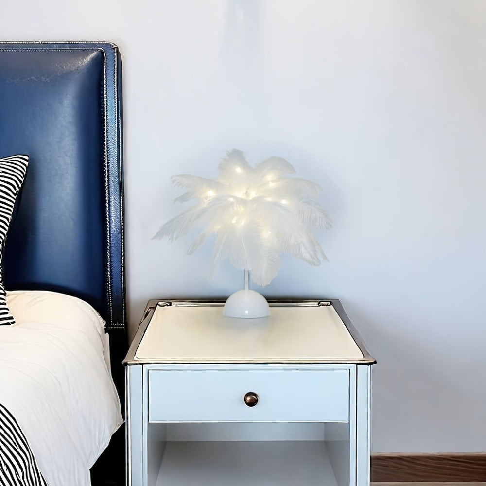 Night Light Feather Table Lamp with 40-Head Copper-Wire LEDs in White, Pink or Two-Piece Pink Options