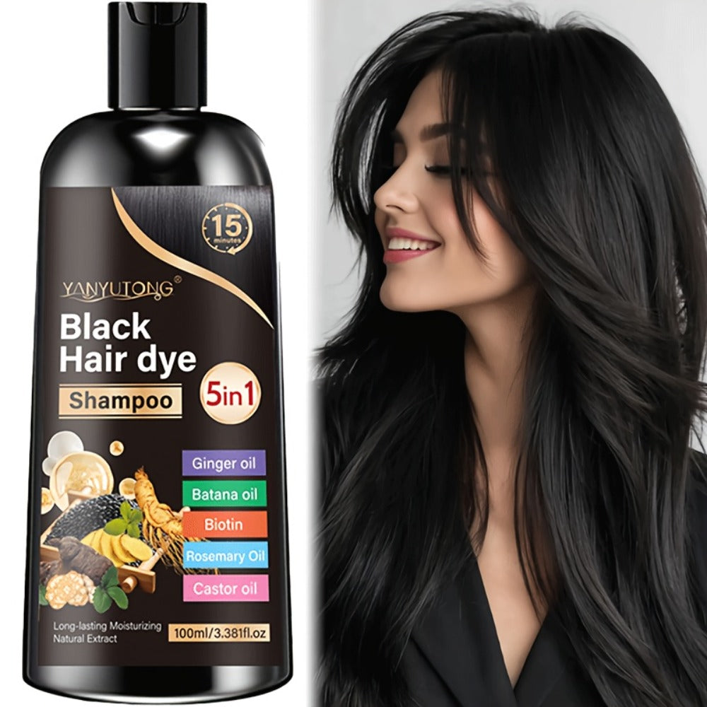 Gray Coverage Hair Dye Shampoo 5-in-1 with Ginger Oil Biotin Rosemary Castor Oil | Gentle Color Shampoo for Black Brown Chestnut Brown | No Mix Quick Application Men & Women