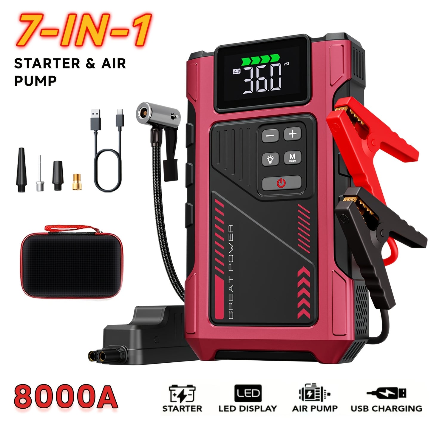 8000A Jump Starter with Air Compressor - 12V Portable Jump Box for Gas & Diesel Cars, USB Ports & LED Flashlight | Up to 8.0L Gas & 6.5L Diesel