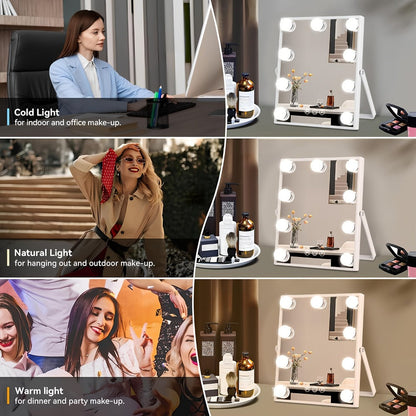 Lighted Makeup Mirror 5X Magnifying 9 LED Hollywood Vanity Mirror - 3 Color Lighting Modes, 360° Rotating, USB Powered Touch Control Tabletop Makeup Mirror for Women Desk Bedroom Gift