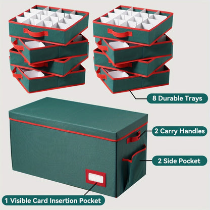 Christmas Ornament Storage Box with 128 Compartments, Eight Removable Trays and Red or Green Color Options
