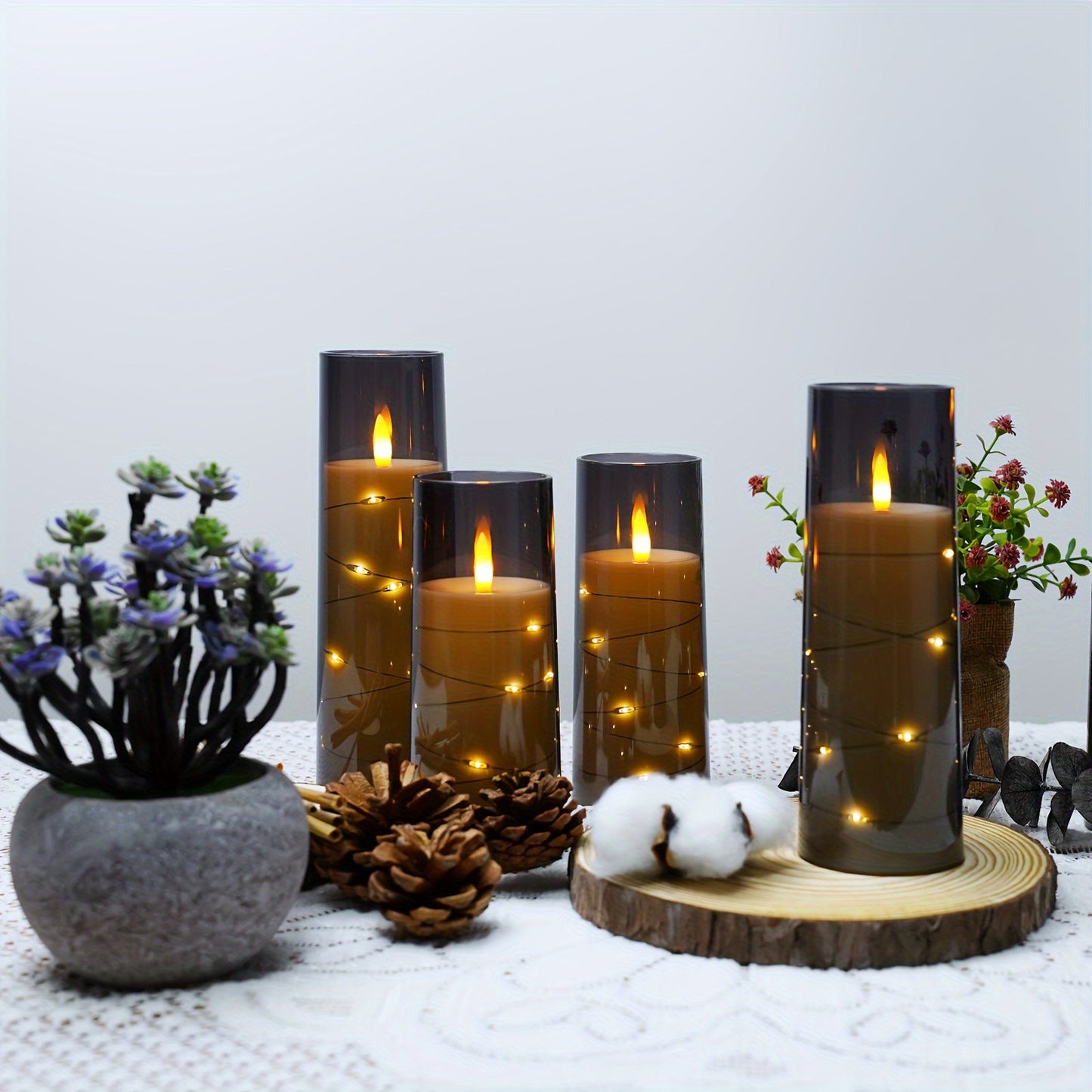 Flameless LED Candles with Remote Control Timer and Star String Lights Set of 5 or 7 Pillar Candles for Wedding Garden Home Decor Anniversary Gift Grey Ivory Gold Red