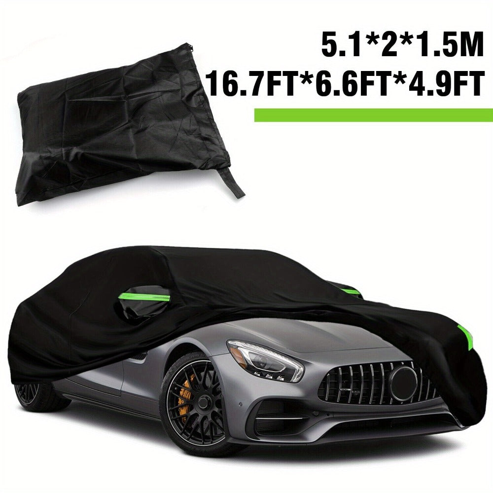 Black Full Car Cover with Green Reflective Tabs, Storage Bag and 5.1 x 2 x 1.5 m Vehicle Fit Size