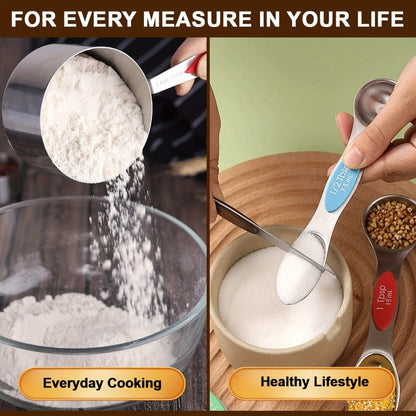 Seventeen-Piece Stainless Steel Measuring Cup and Spoon Set with Eight Cups, Eight Spoons and Leveler