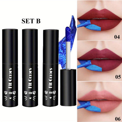 Lip Gloss Set by Fit Colors with 3 Bold Blue Matte Lip Colors and Two Retained Set Options