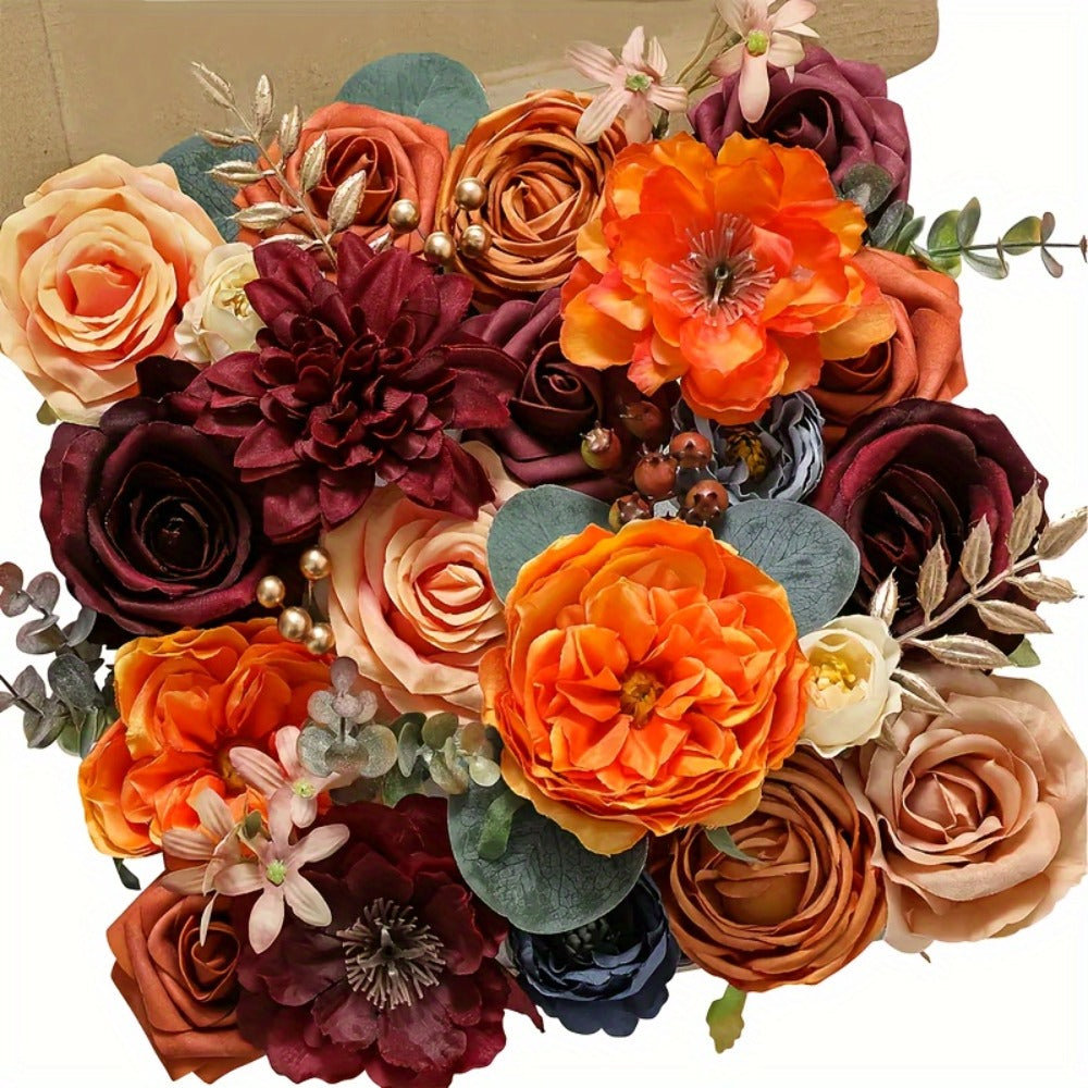 Artificial Flowers Bouquet Set – Foam Roses for Wedding, Fall Halloween Valentine's Day Table Decor, Orange Wine Red Blue