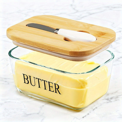 Transparent 1 lb Glass Butter Dish with Bamboo Lid, White-Handle Knife and Rectangular Food Container