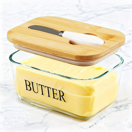 Glass Butter Dish with Lid and Knife – 1lb Large Airtight Butter Keeper Clear Glass Countertop Butter Container for Refrigerator Door Shelf Kitchen Decor & Gift