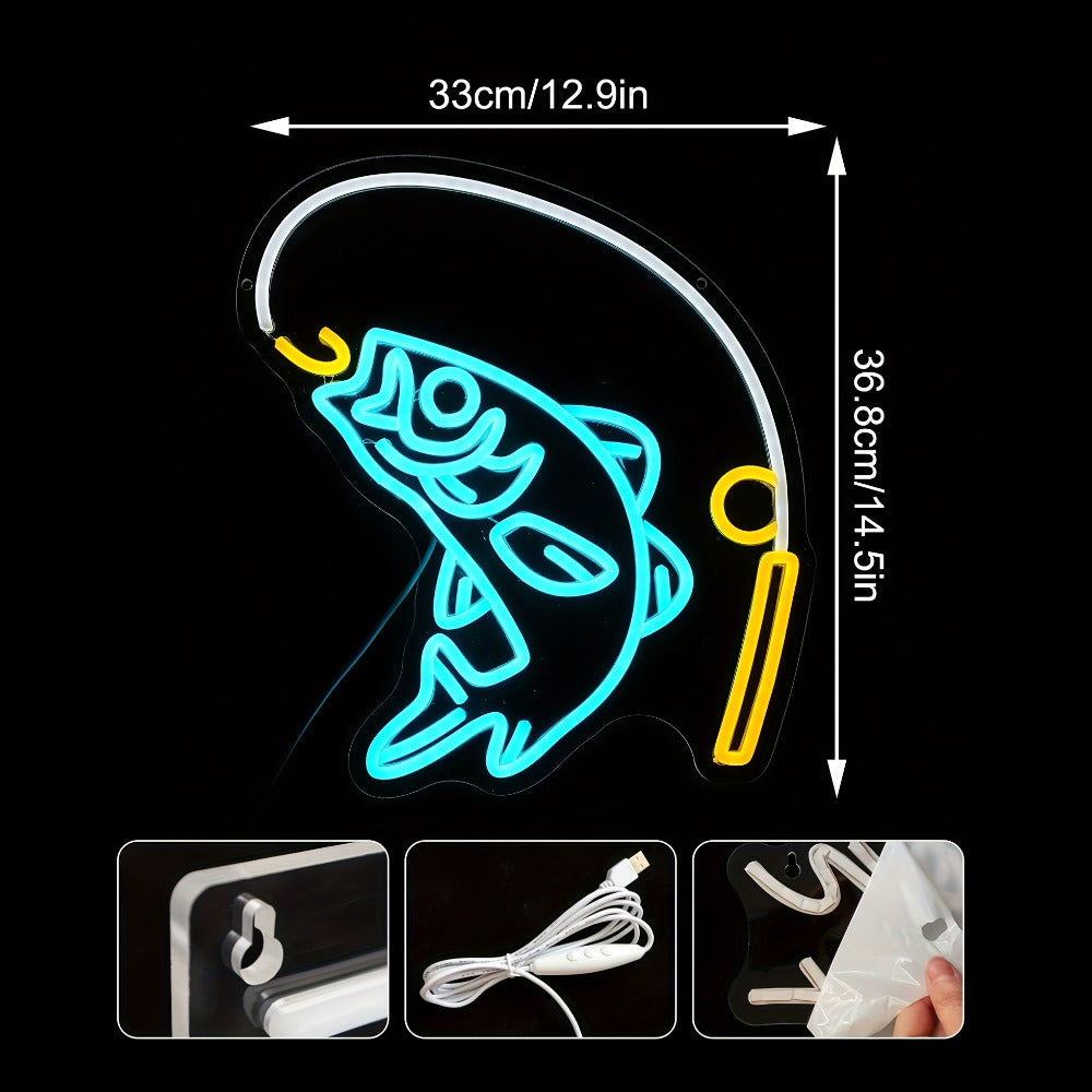 Fishing Neon Sign LED Wall Decor – Dimmable Multicolor Go Fishing Hook Neon Light for Man Cave, Bedroom, Tackle Shop, Bar & Game Room, Fly Fishing Gift & Unique Wall Art