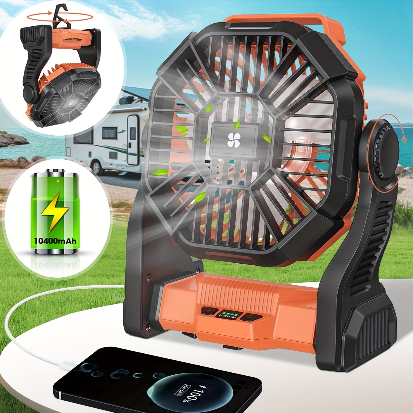 Portable Camping Fan with Hanging Hook, Three-Level Lantern and 12 Color or Style Options Pictured
