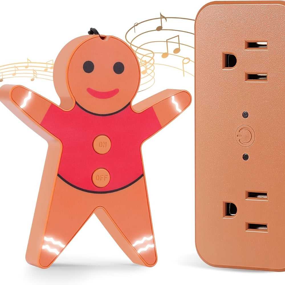 Christmas Tree Remote Control Socket with Built-in Music Function – Wireless 100-Foot Range Outlet Switch for Holiday Lights & Decorations, Gingerbread Design, Easy Plug-In Setup