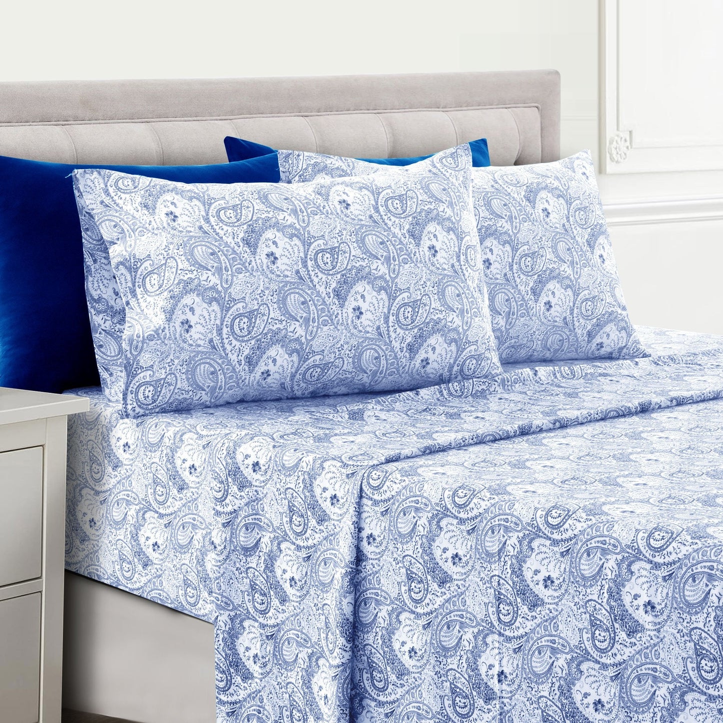 Bed Sheet Set Paisley Brushed Polyester in 4- or 6-Piece Sizing with 16-Inch Pocket and Wash Instructions