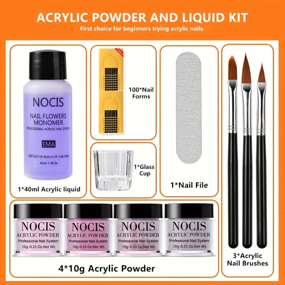 Acrylic Nail Kit NOCIS Four 10g Pink, Mauve and Glitter Powders with Liquid Monomer, Three Brushes and File