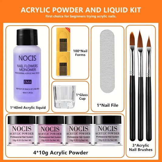 Professional Odorless Acrylic Nail Kit with Liquid Monomer 4 Powders & Brushes – Complete Set for Nail Extensions Carving French Manicure Salon Quality Home Use