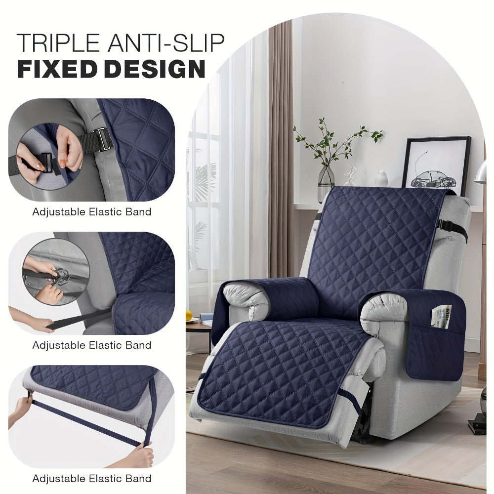 Chair Cover Quilted Recliner Throw with Side Pocket and Adjustable Strap in Seven Available Colors