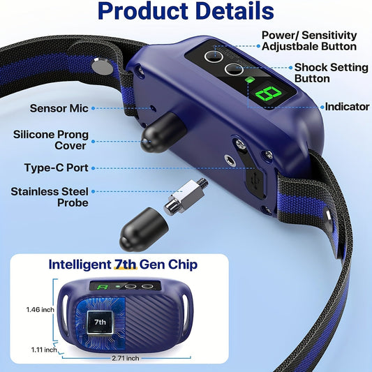 Anti Bark Collar Rechargeable with Shock Beep & Vibration – Automatic No Bark Collar with 8 Sensitivity Levels for Medium Large Dogs