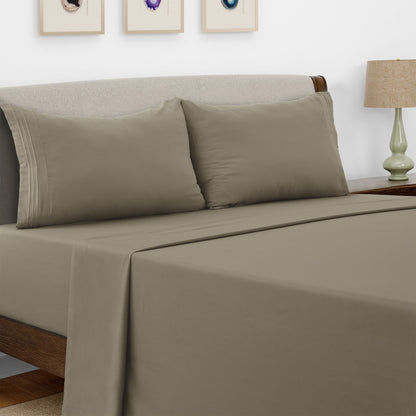 Bed Sheet Set Microfiber with Size-Dependent 3- or 4-Piece Contents and Six Documented Bed Dimensions