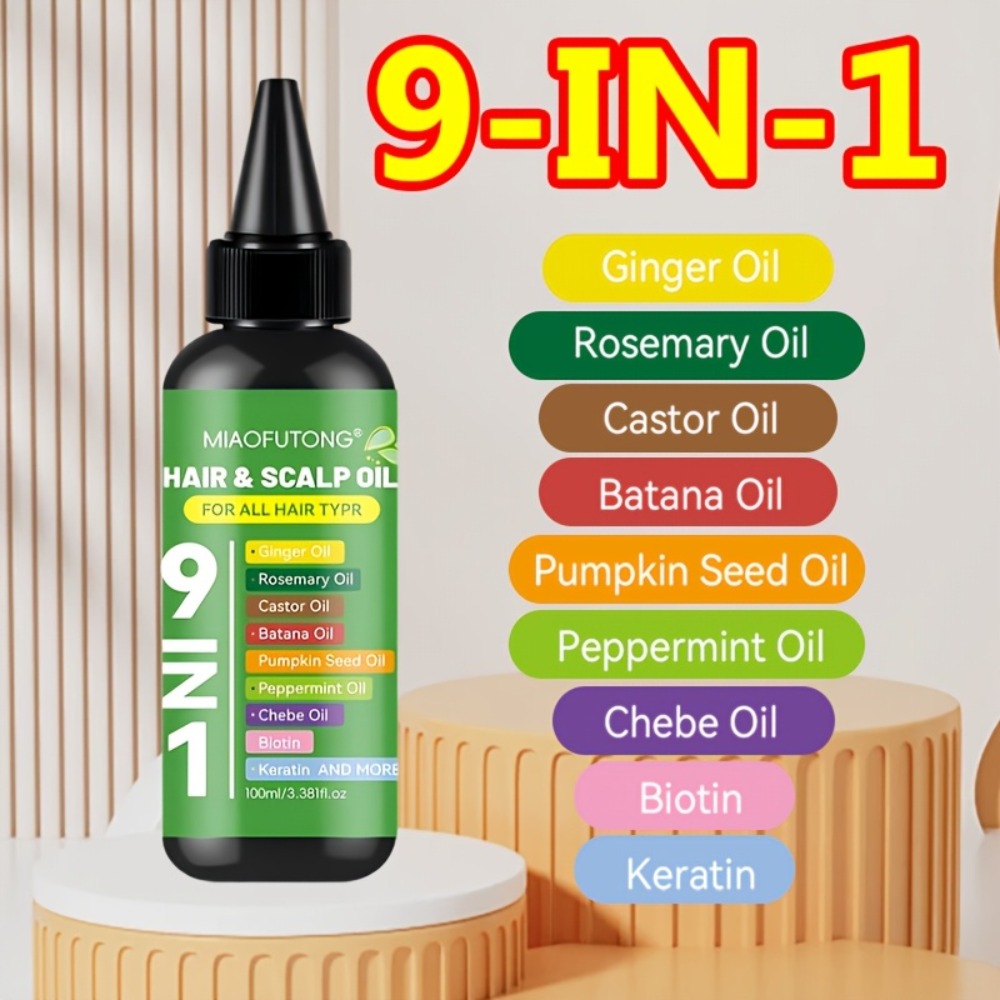 Hair Care Oil 9-in-1 with Turmeric, Rosemary, Castor Oil & Biotin - Deep Hydration, Frizz Control & Smoothness, Plant-Based Squalane, All Hair Types, Men & Women, 100ml