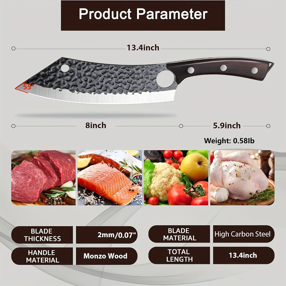 Wide 8-Inch Cleaver-Style Kitchen Knife with Finger Hole, Hammered-Look Blade and Wood-Tone Handle