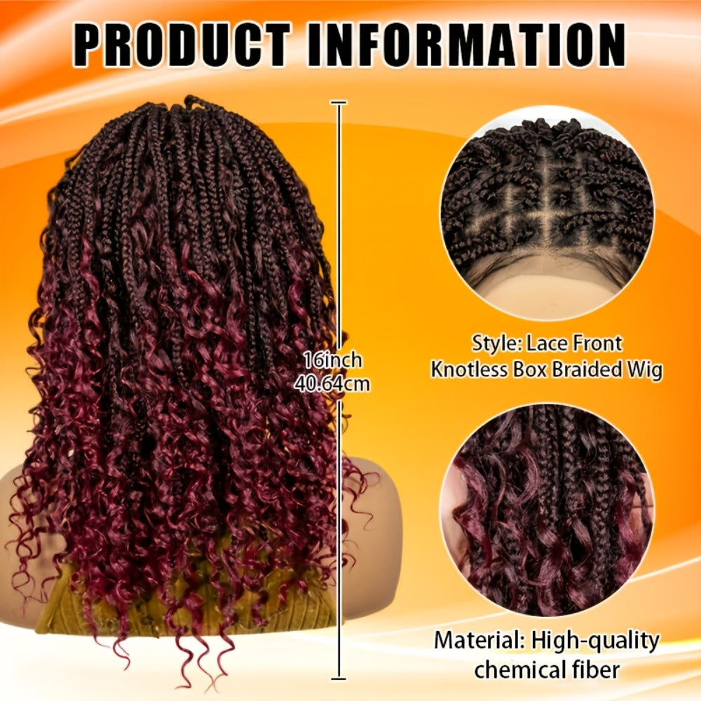 Goddess Braided Wig Knotless Bohemian Square Braid Full Lace Curly Wave 14-16 Inch Black Burgundy Brown Natural Hairline Protective Style Synthetic Wig for Women