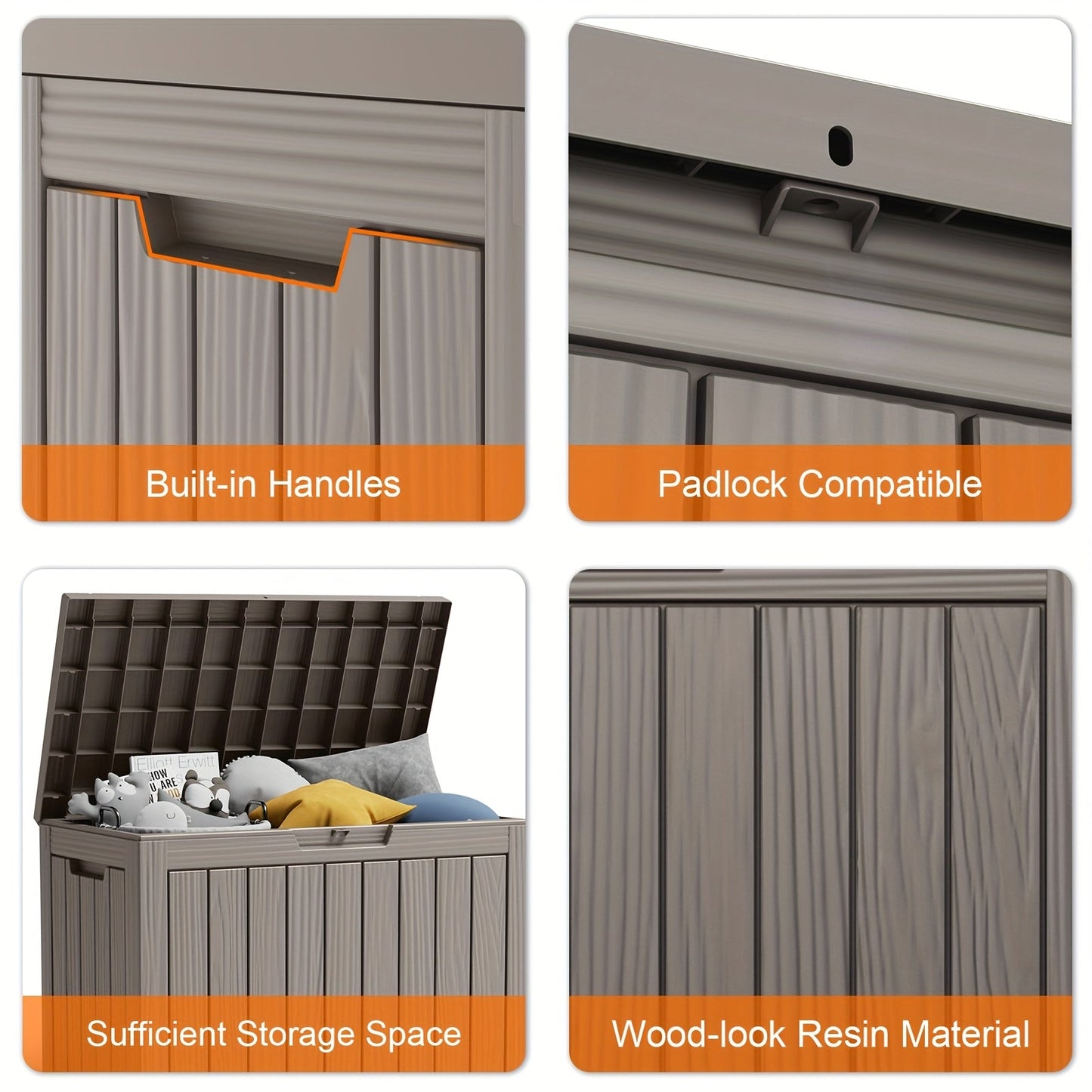 Wood-Grain Resin Deck Storage Box with Lockable Lid in Black or Light Brown Finish Options