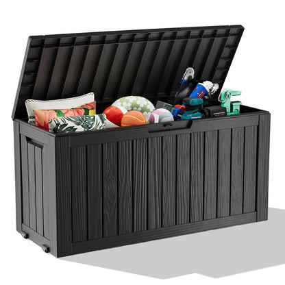 75-Gallon Outdoor Storage Deck Box with Hinged Lid, Side Grips, Small Wheels and Two Color Options