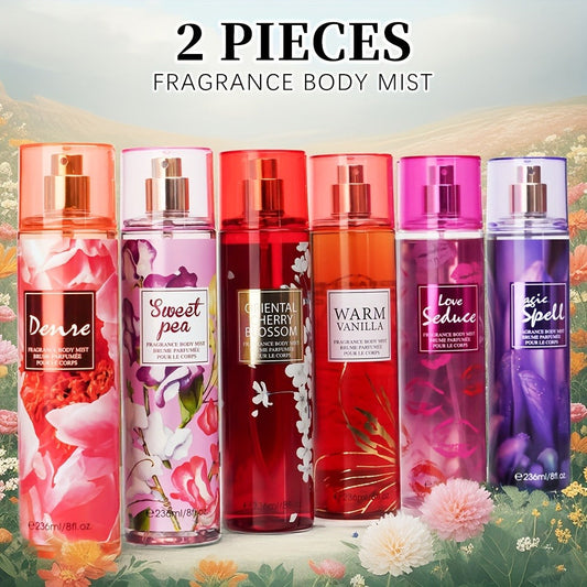 Body & Hair Fragrance Mist for Women 2PCS Set - Long Lasting Perfume Spray 8 fl oz, Fruity Floral Scents Peach Pear Cherry Blossom, Dual Use Body and Hair Spray Gift for Her