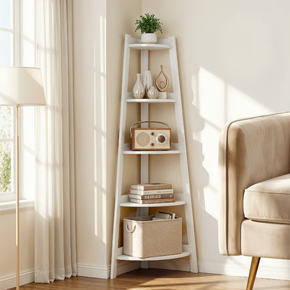 Corner Shelf 5-Tier Scandinavian Storage Cabinet – Space-Saving Vertical Organizer with Baskets, Shelves & Drawer, Modern Plastic Corner Rack for Home, Study, Balcony & Bathroom (White)