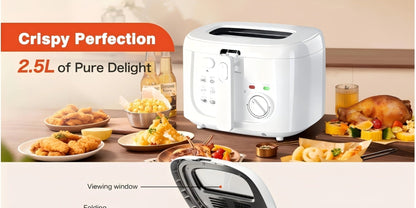 Electric Deep Fryer 1500W – 84.54oz Large Capacity, Adjustable Temperature Control, Non-Stick Basket, Viewing Window, Removable Lid, One-Touch Switch, Easy to Clean, Black & White Options