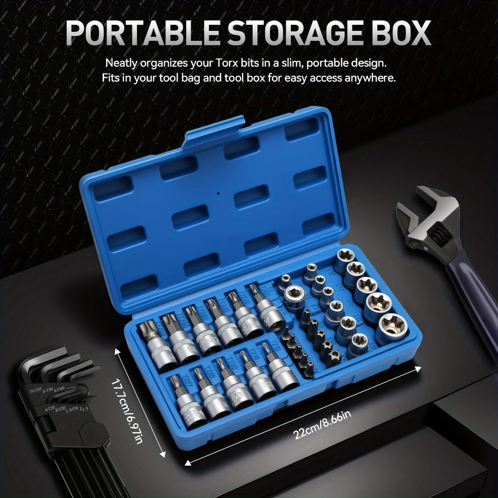Torx Star Bit Socket Set 34/46-Piece - 3/8" Drive CR-V E-Socket E4-E20, T10-T60, Tamper-Proof TT10-TT55, S2 Steel, 5/16"F to 3/8"M Adapter, Storage Case - For Car, Truck & Home Improvement