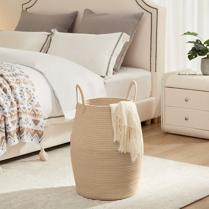 Tall Bohemian Rope Laundry Hamper with Extended Handles, Tassel Detail and Exact Black-and-Brown Option