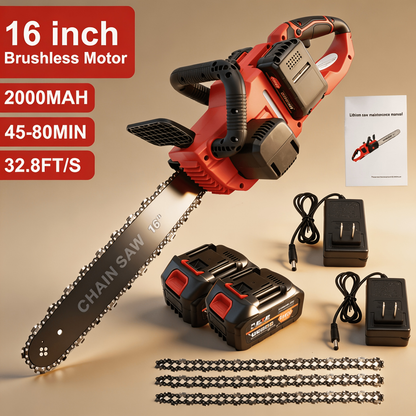 Cordless Brushless Chainsaw Kit with 12- or 16-Inch Guide Bar, Two Batteries, Charger and Cutting Accessories