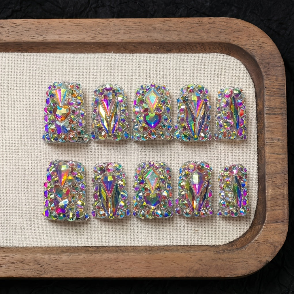 Press On Nails 10-Piece Short Duckbill Set with Glossy Mixed Colors, AB Crystals and Gel Adhesive Tabs