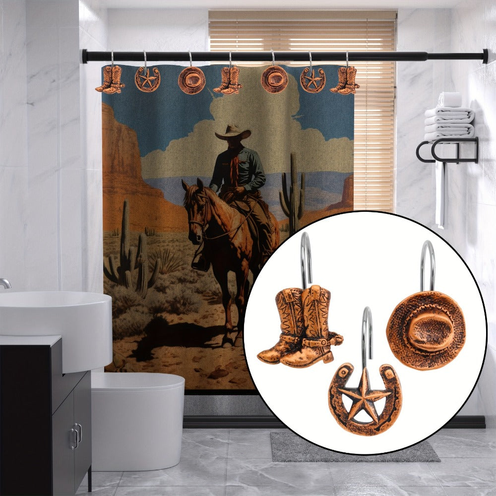 12-Piece Western Shower Curtain Hook Set with Boot, Star and Hat Motifs in Two Finish Options