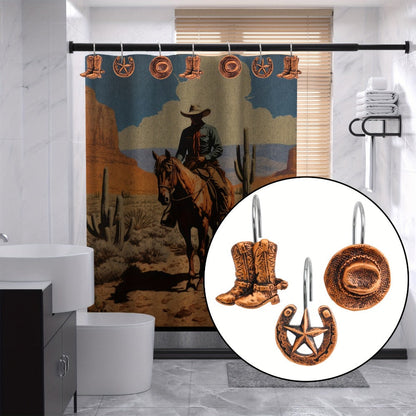 12-Piece Western Shower Curtain Hook Set with Boot, Star and Hat Motifs in Two Finish Options