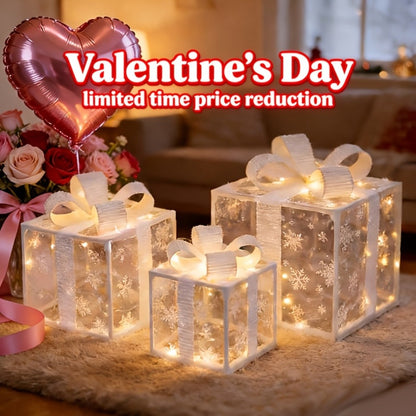 Three-Piece Lighted Gift Box Decoration Set with LED String Lights, Bow Handles and Four Holiday Style Options