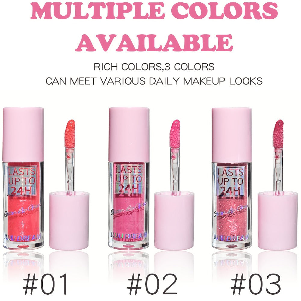 24H Waterproof Glitter Lip Gloss & Lip Stain Set 3PCS – Moisturizing Lip Oil Formula, Long-Lasting Smudge-Proof Glitter Shine in Berry Coral Pink Red Shades for Women All Skin Tones