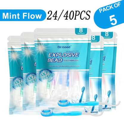 Travel Disposable Toothbrush 5-in-1 — Pre-Applied Mint Toothpaste, Floss, Pick & Tongue Scraper, Soft Nylon Bristles, No Water Needed, Portable Oral Care Kit, 24 or 40 Pack