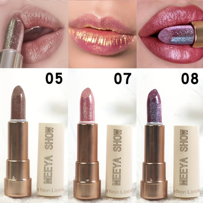 Three-Piece Glitter Shimmer Lipstick Set with Pearlescent Pink-Gold Finish for Party and Stage Makeup