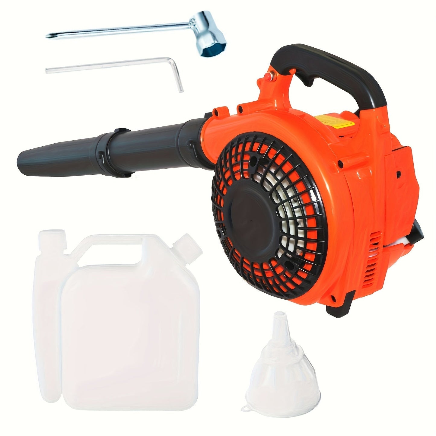 26CC Two-Cycle Gas Leaf Blower in Orange with Handheld Body, Two Straight Tubes, Fuel Container and Funnel
