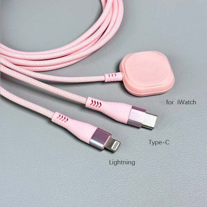 Nylon Braided 3-in-1 Magnetic Charging Cable 1.2M – iWatch Wireless Charger + Lightning Fast Charge + USB-C for iPhone 8–16 Android Samsung – Apple Watch Series 1–10 SE Ultra Nike+ Pink