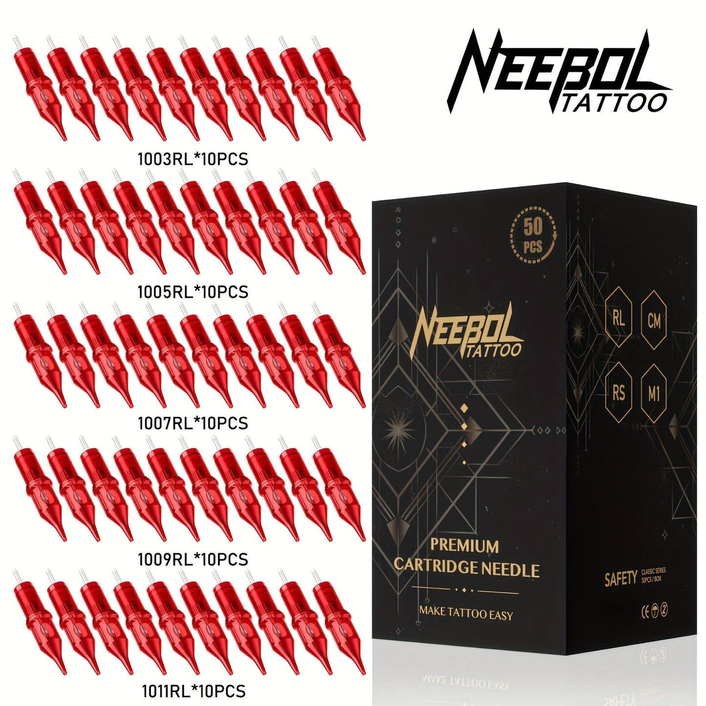 Tattoo Cartridge Needles with Neebol Label, 20 or 50-Piece #10 #12 Round Liner and RM Choices